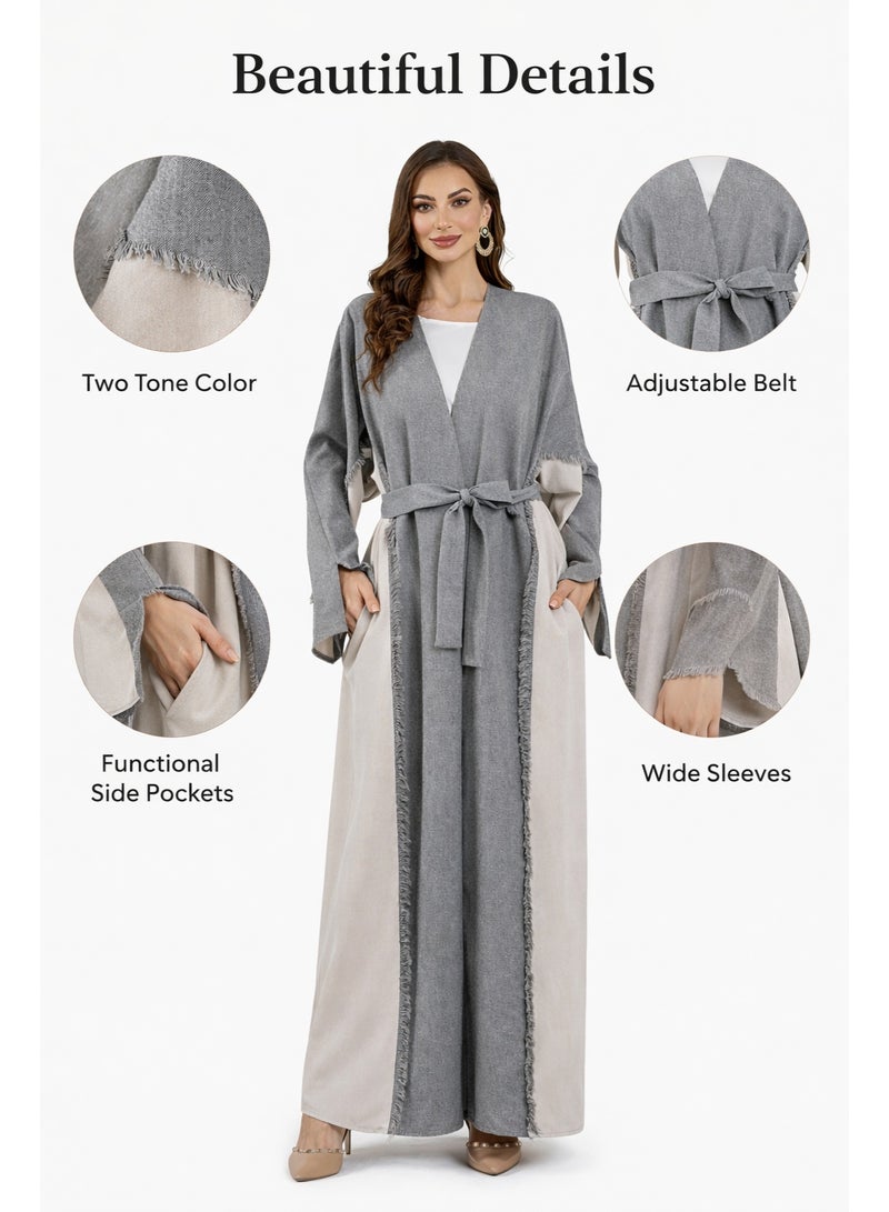 SHOWDAY Women’s Open Front Abaya Cardigan, Two Tone Long Kimono Kaftan with Belt & Pockets, Modest Maxi Outerwear for Daily Wear, Ramadan & Eid - Image 3
